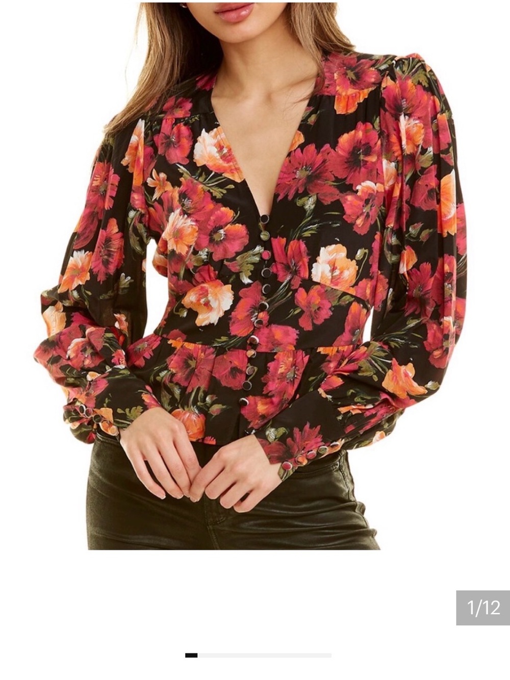 NWT The Kooples Black Blouse with Pink & Orange Floral Print 100%silk